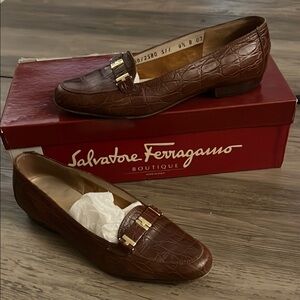 Salvatore Ferragamo Calf-Croc Brown Loafers Size 4.5